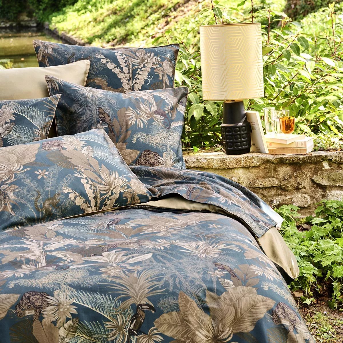 Housse de couette satin de coton RAINFOREST bleu dore, GARNIER THIEBAUT