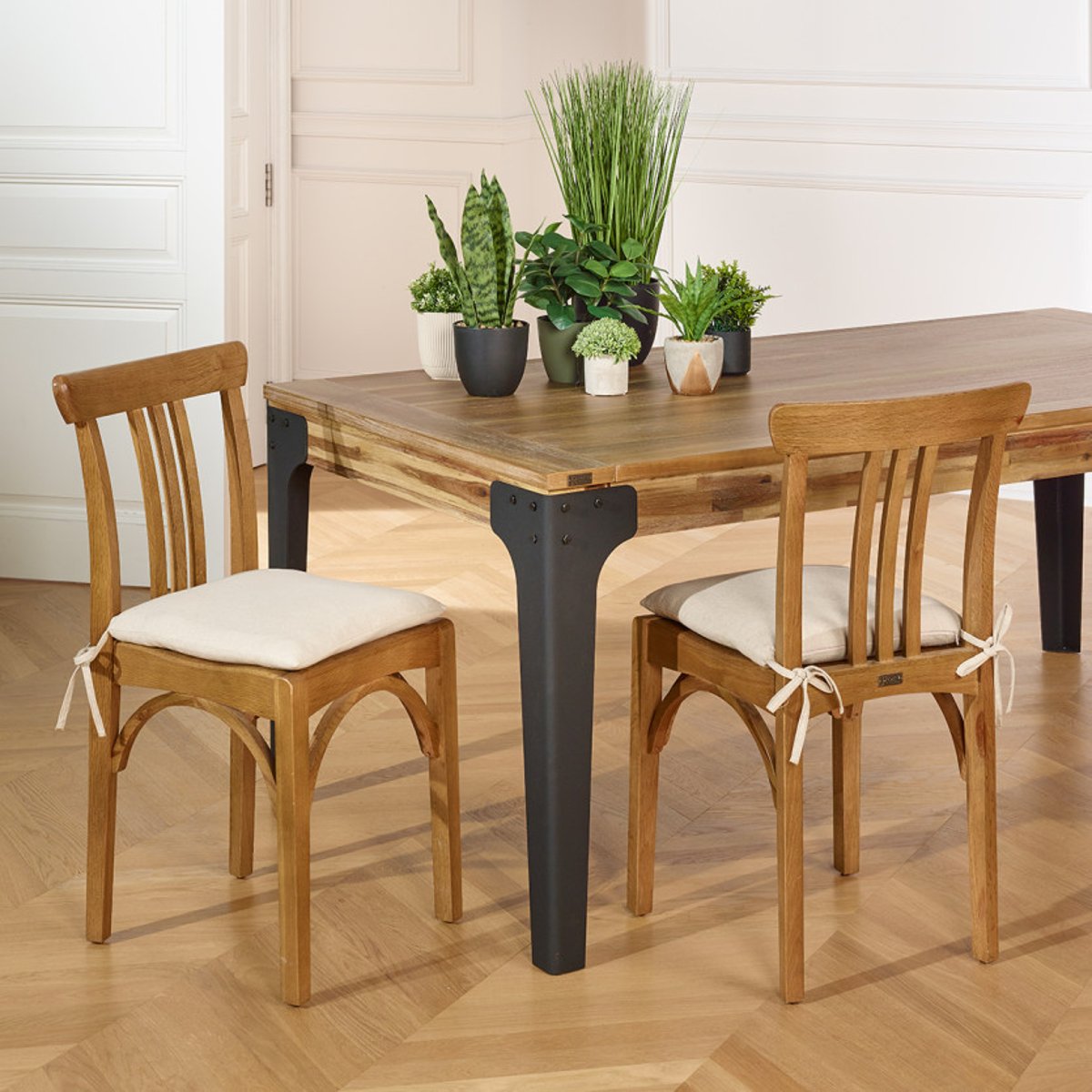 Lot de 2 chaises bistrot en chêne et coussin en lin CALBAR lin, ROBIN DES BOIS