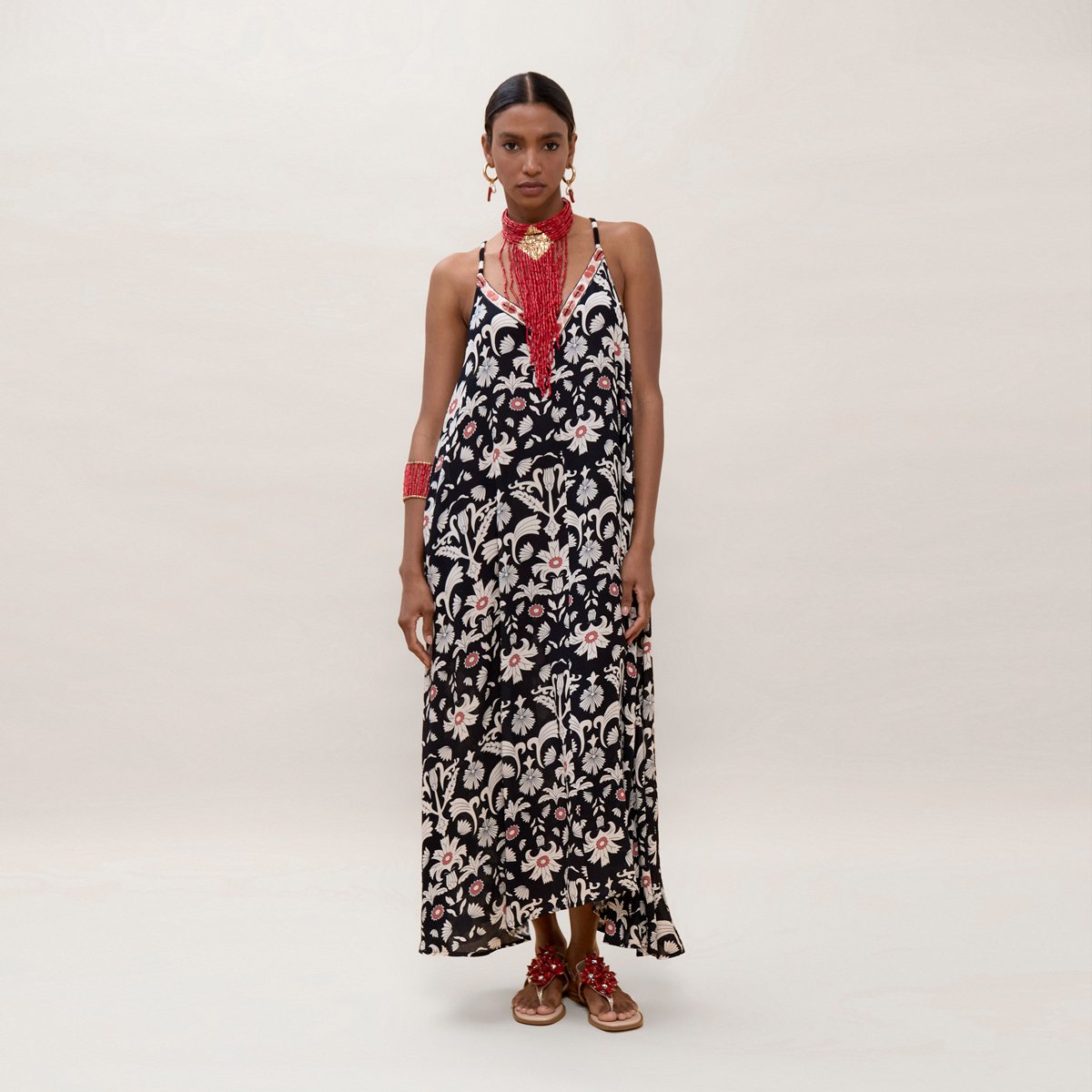 Robe longue imprimée à fines bretelles noir, LOLA CASADEMUNT