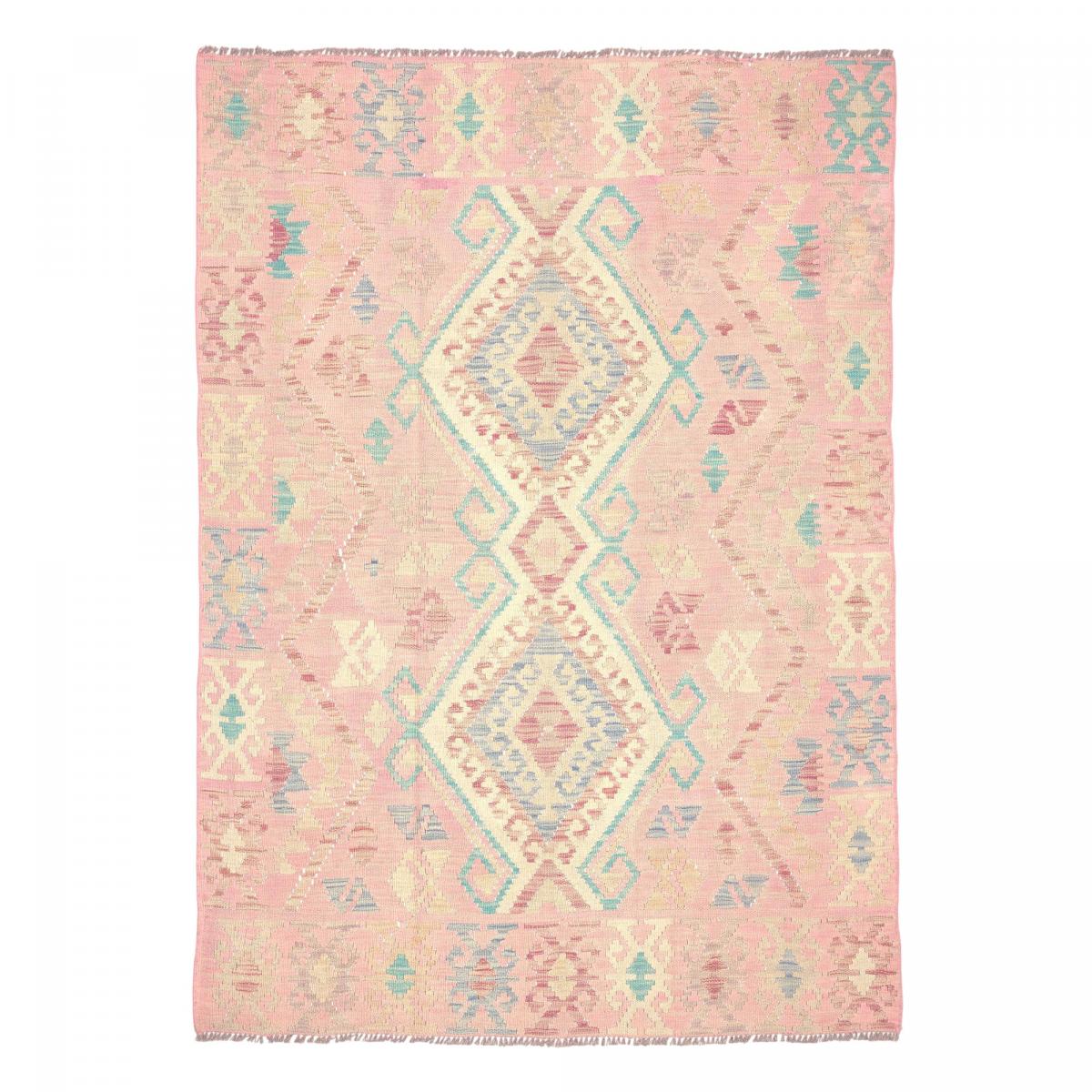 Tapis kilim géométrique, tissé plat authentique, KILIM 56 rose, bleu, crème, UN AMOUR DE TAPIS
