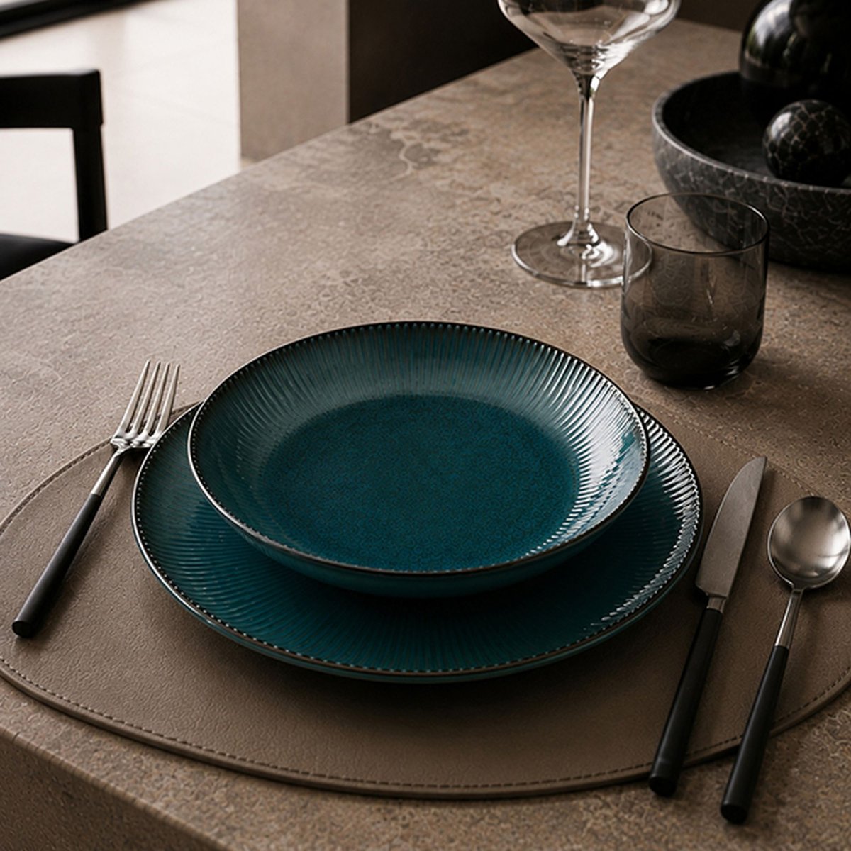 Lot de 6 assiettes plates 27cm en porcelaine, LUNEA bleu, OGO LIVING