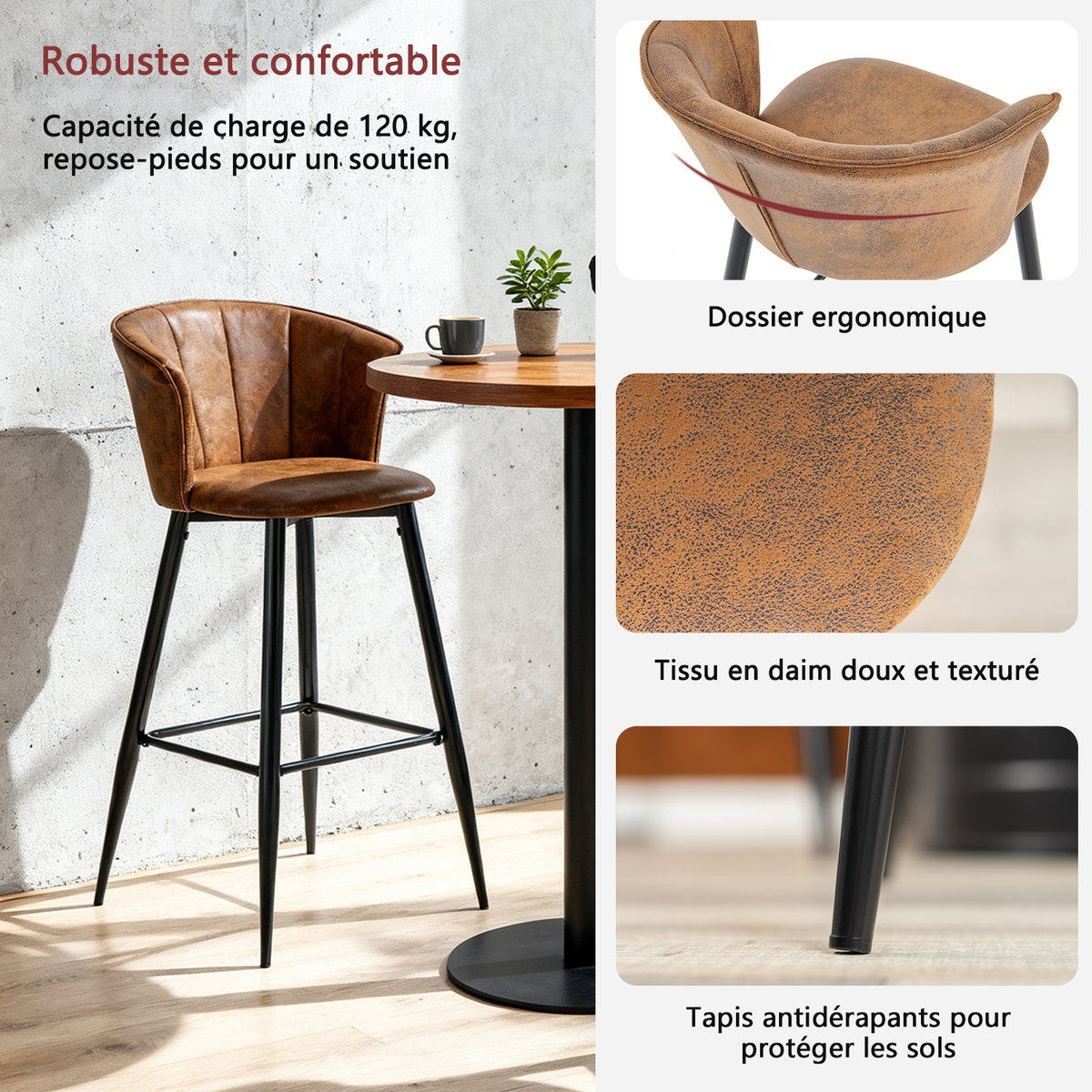 Lot de 6 tabourets de bar rétro industriel, DONCIC marron, MEUBLES COSY