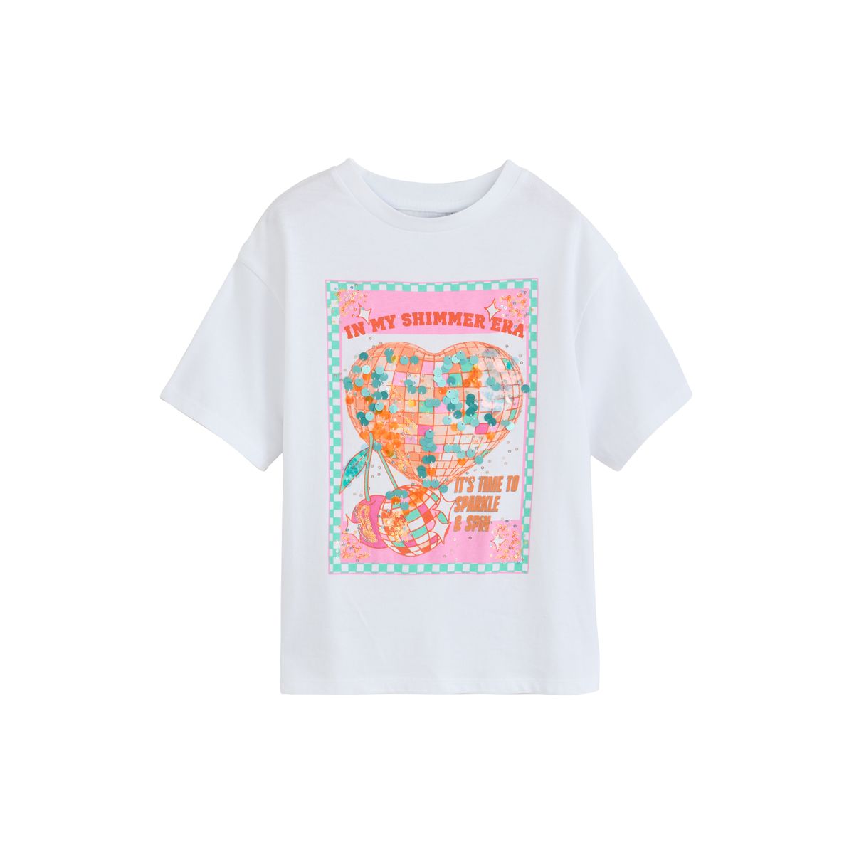 T-shirt oversize à sequins cœur disco blanc, NEXT