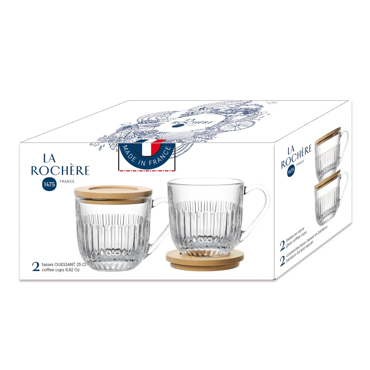 Coffret de 2 tasses avec couvercles OUESSANT /sous tasses en bambou - Made in France transparent, LA ROCHERE