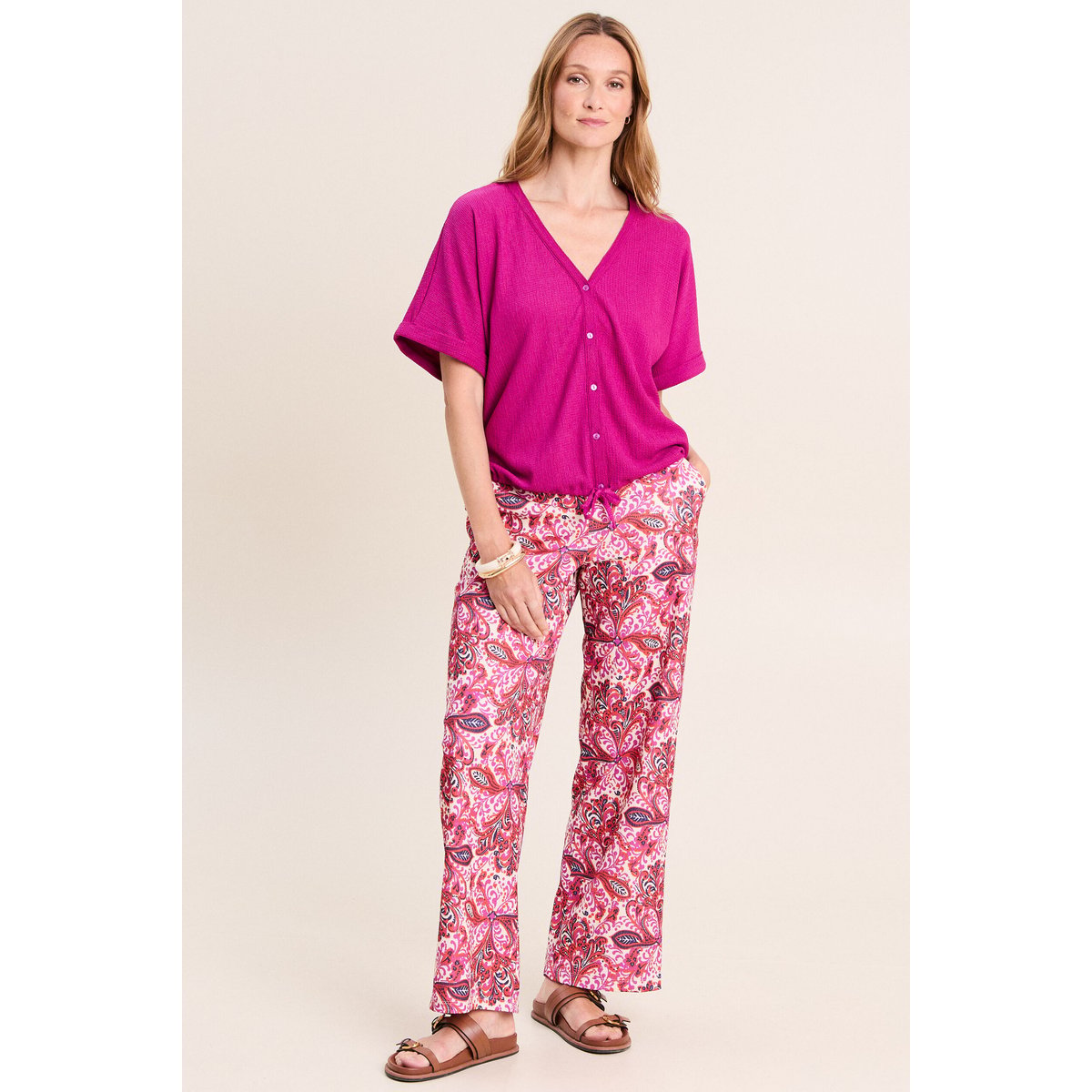 Pantalon large taille haute rose corail, BREAL