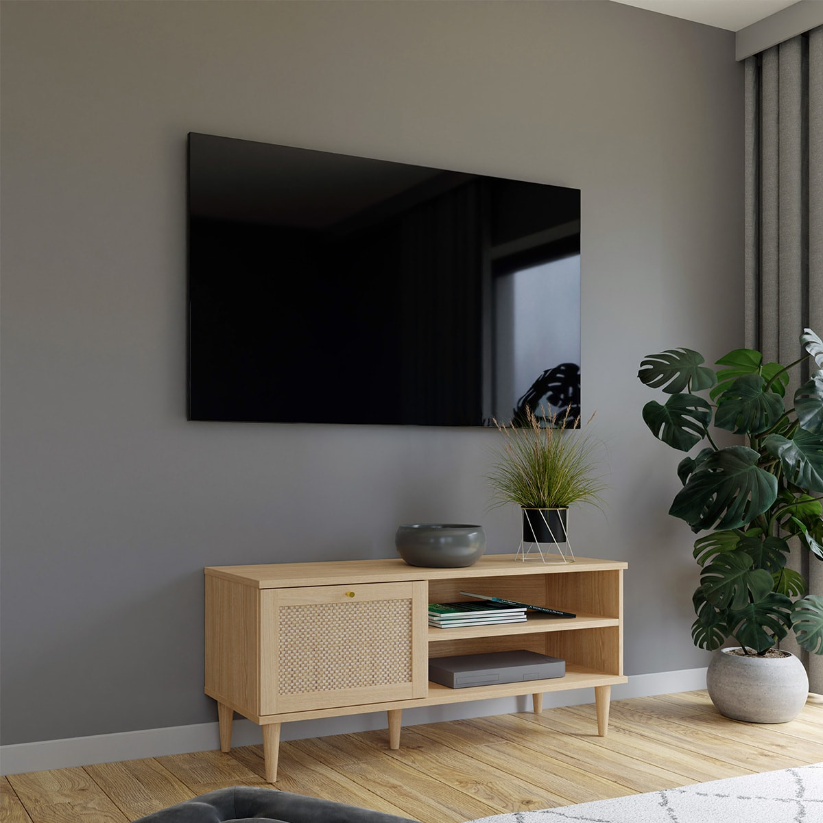 Meuble TV en cannage et effet chêne - LUISA bois, HOMIFAB