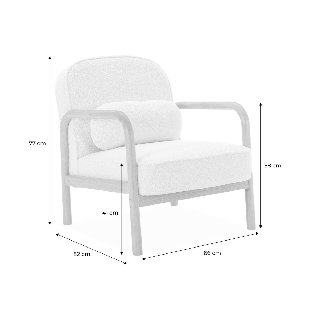 Fauteuil scandinave arrondi bois d'hévéa et bouclette AMELIE crème, SWEEEK