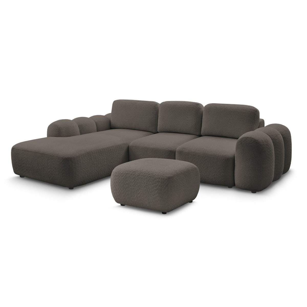 Canapé d'angle convertible 3 places en tissu bouclette avec pouf, MONTAIGNE marron, BOBOCHIC