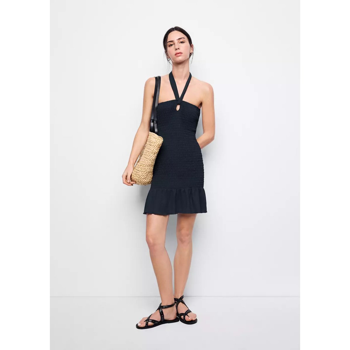 Robe courte froncée bas volant bleu marine, MANGO TEEN