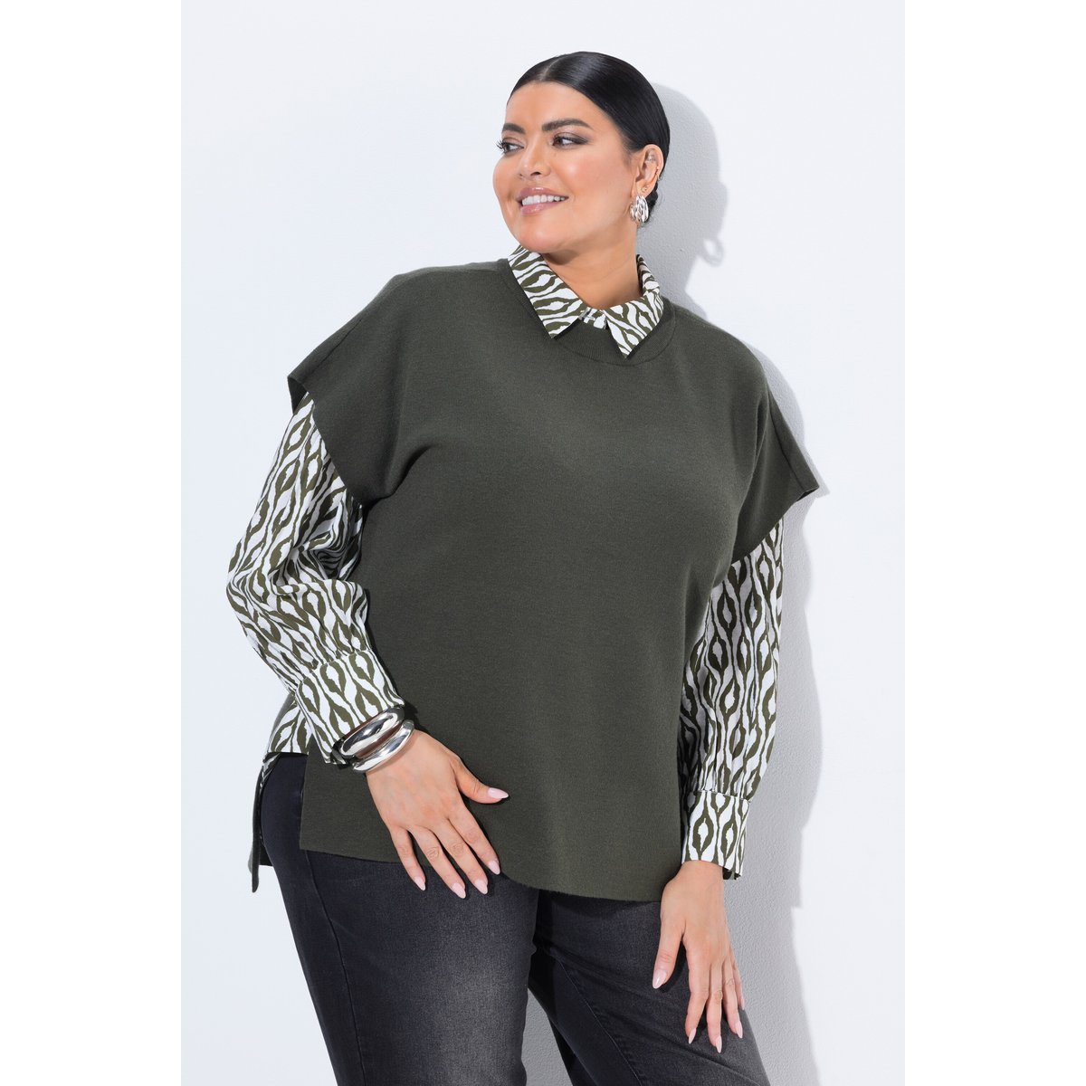 Pull sans manches, coupe oversize kaki foncé, ULLA POPKEN