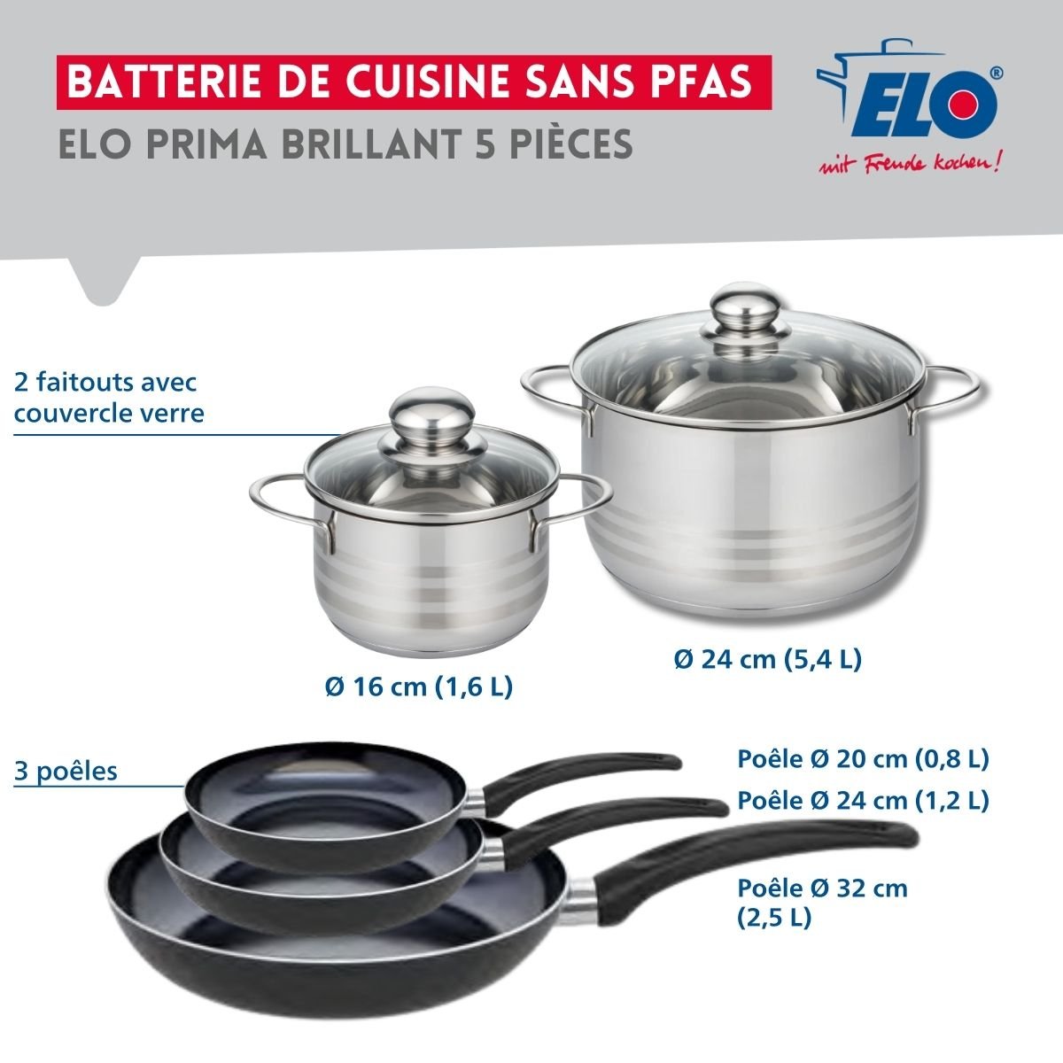 Batterie 3 poêles 20/24/32cm + 2 faitouts 16/24cm PRIMA BRILLANT noir, ELO