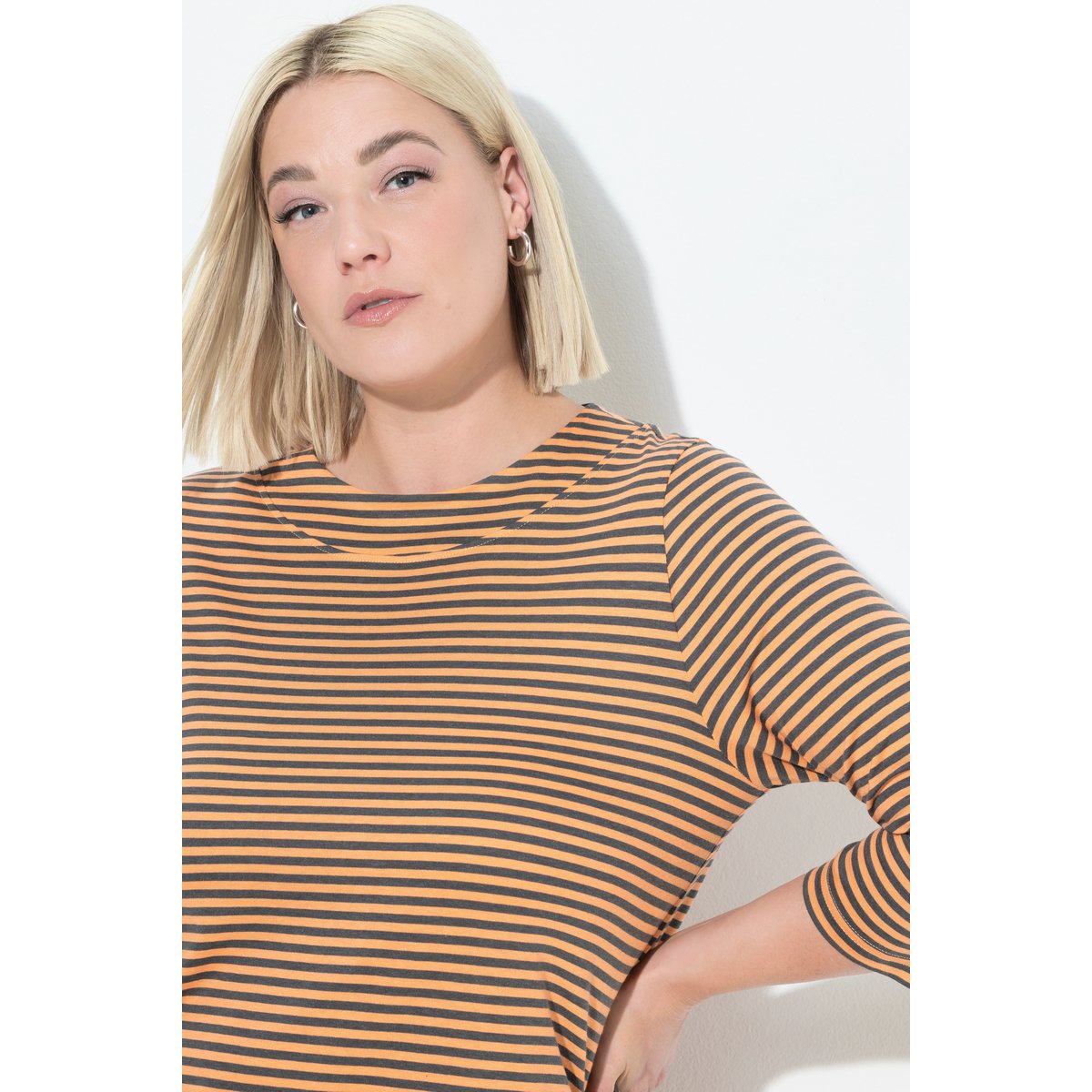 T-shirt rayé, col ras du cou et manches 3/4 orange fluo, ULLA POPKEN