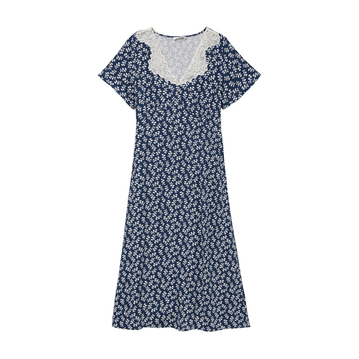 Robe longue évasée col v dentelle bleu marine, CACHE CACHE