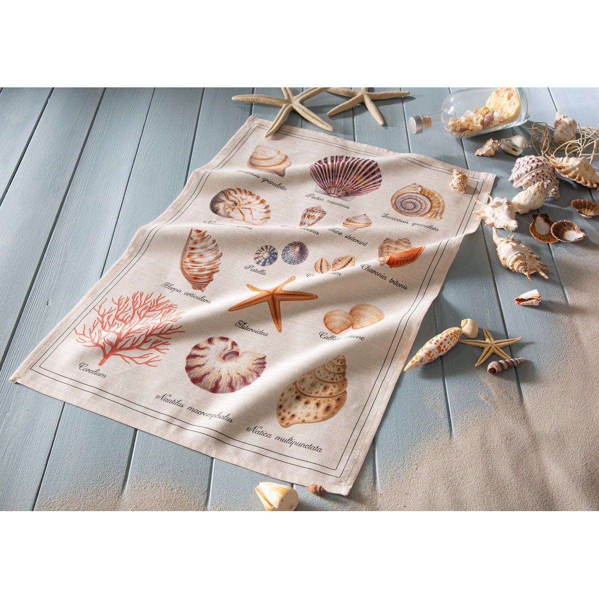 Torchon imprimé coton et lin TRÉSOR DE LA MER beige, COUCKE