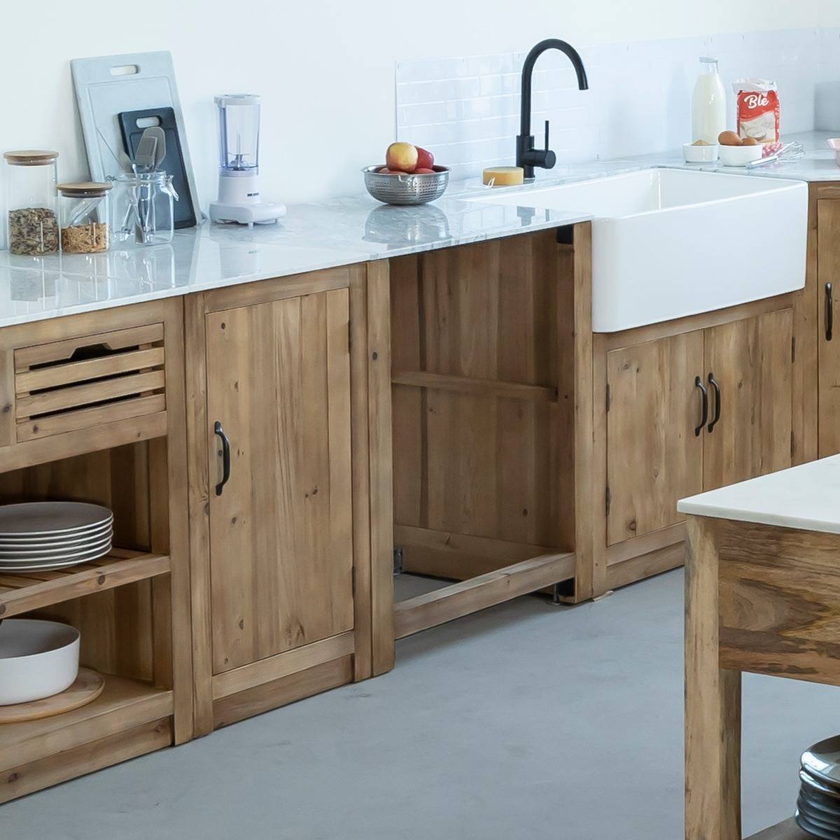 Meuble bas de cuisine en bois recyclé EPURE bois clair, MADE IN MEUBLES