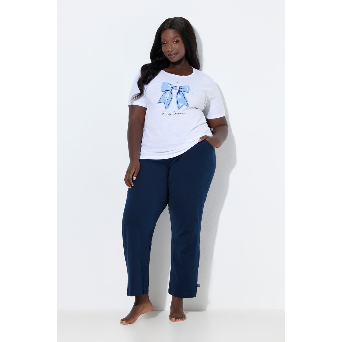 Pantalon de pyjama uni/cœurs, jambe longue bleu nuit, ULLA POPKEN