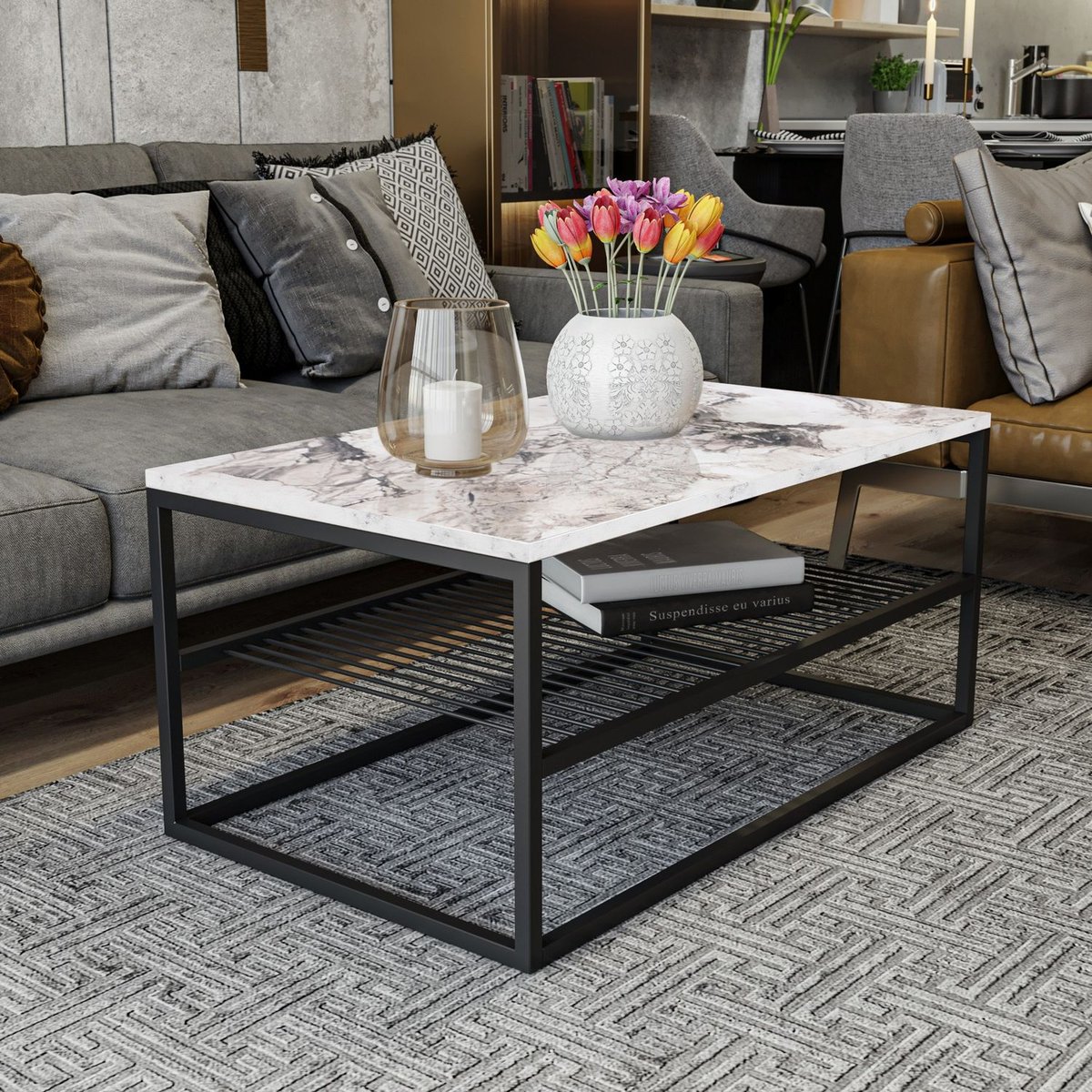Table basse 1 étagère grillage avec structure en acier design industriel blanc, TOILINUX