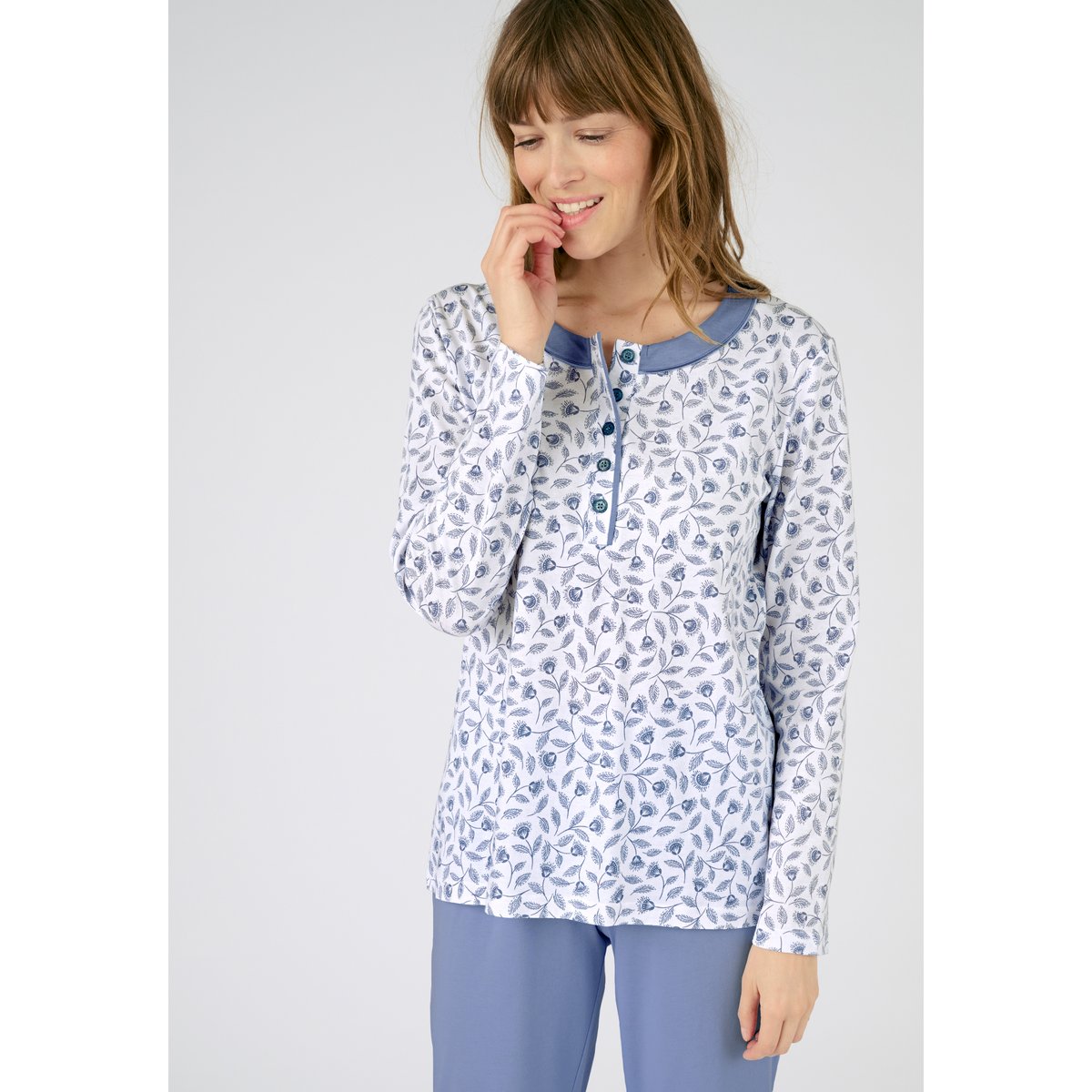 Pyjama en pur coton peigné imp. bleu, DAMART