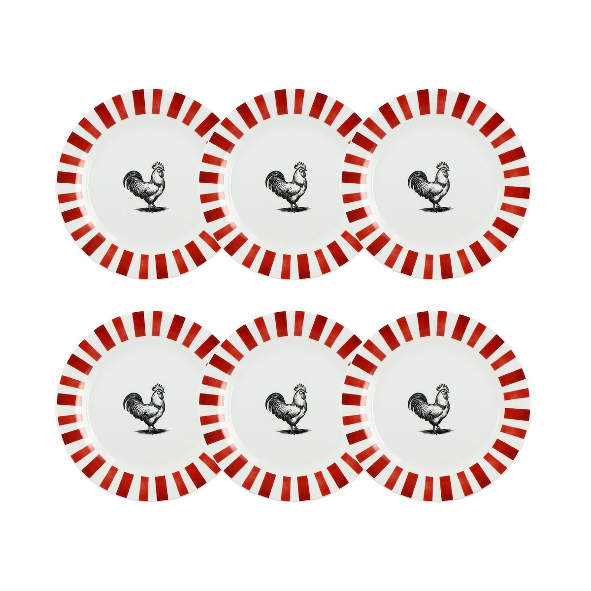 Lot de 6 assiettes plates en porcelaine, COCORICO blanc-rouge, NOVASTYL