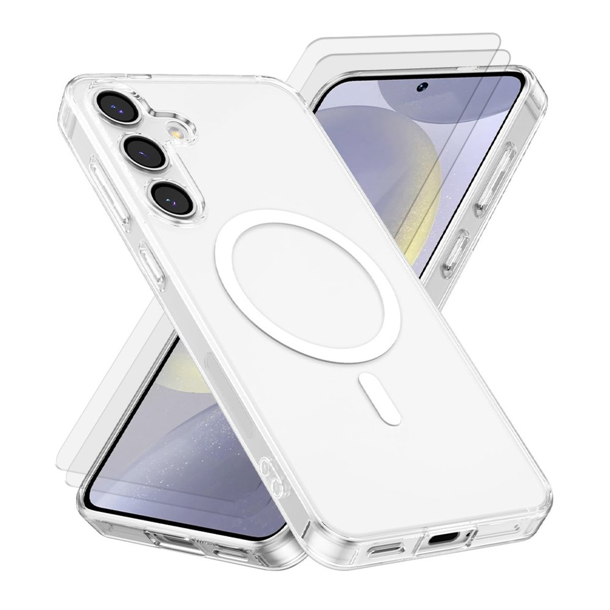 Coque Anti-choc Magnétique compatible Magsafe pour Galaxy S25 + Transparente + 2 vitres transparent, EVETANE