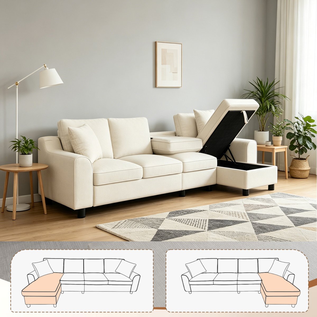 Canapé d'angle réversible coffre en chenille, VASEB beige, MEUBLES COSY