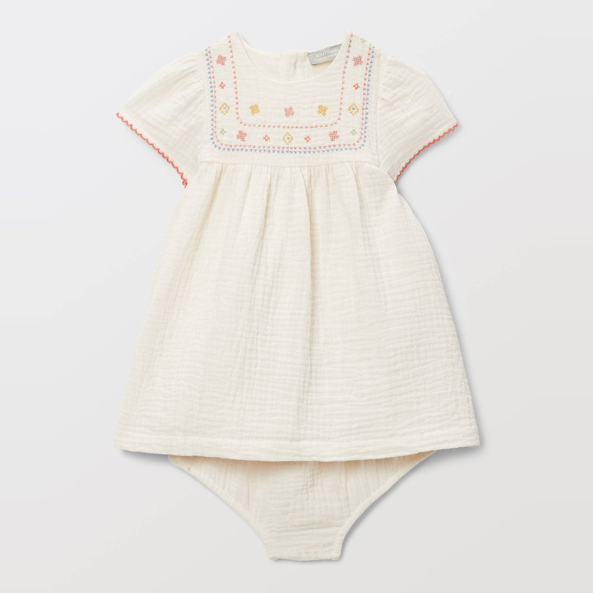 Robe brodée avec bloomer en gaze de coton amaretti, BOUT'CHOU