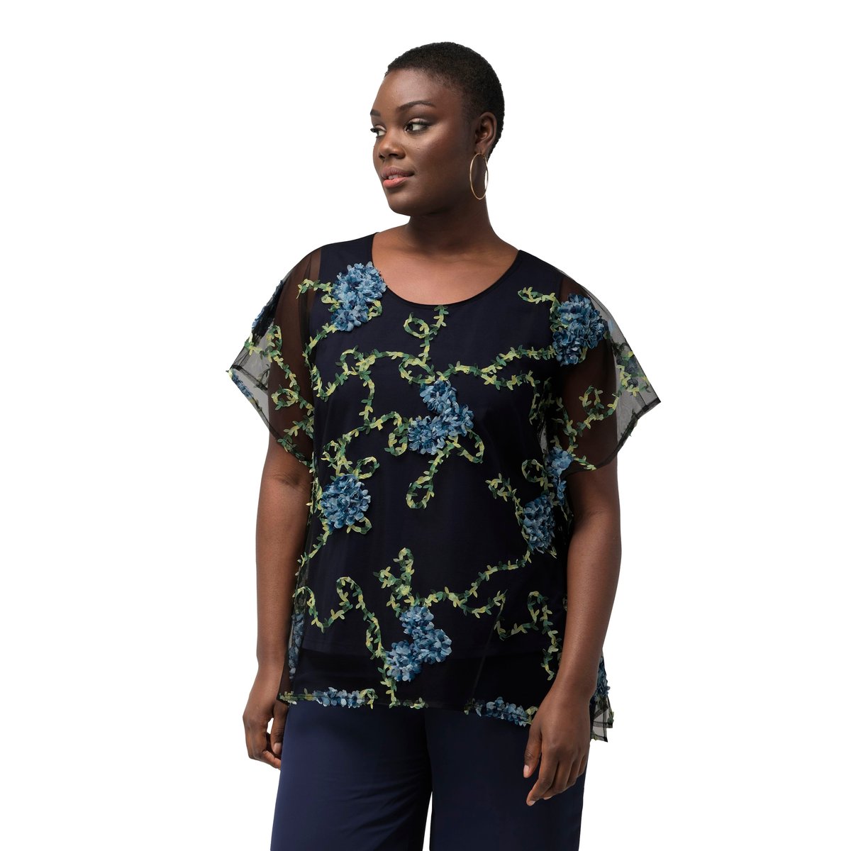 Blouse, broderie florale, doublée, col rond bleu nuit, ULLA POPKEN
