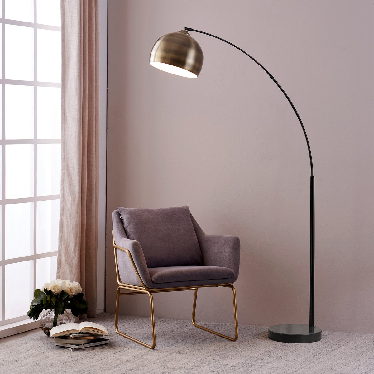 Lampadaire Intérieur Arc Métal avec base marbre, ARQUER bronze, TEAMSON HOME