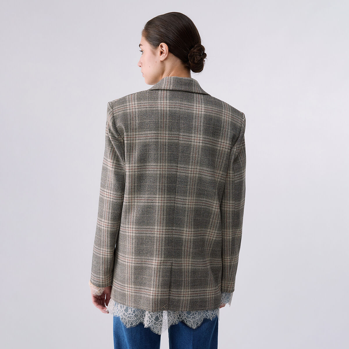 Blazer à carreaux avec détails en dentelle carreaux beiges, LIU JO