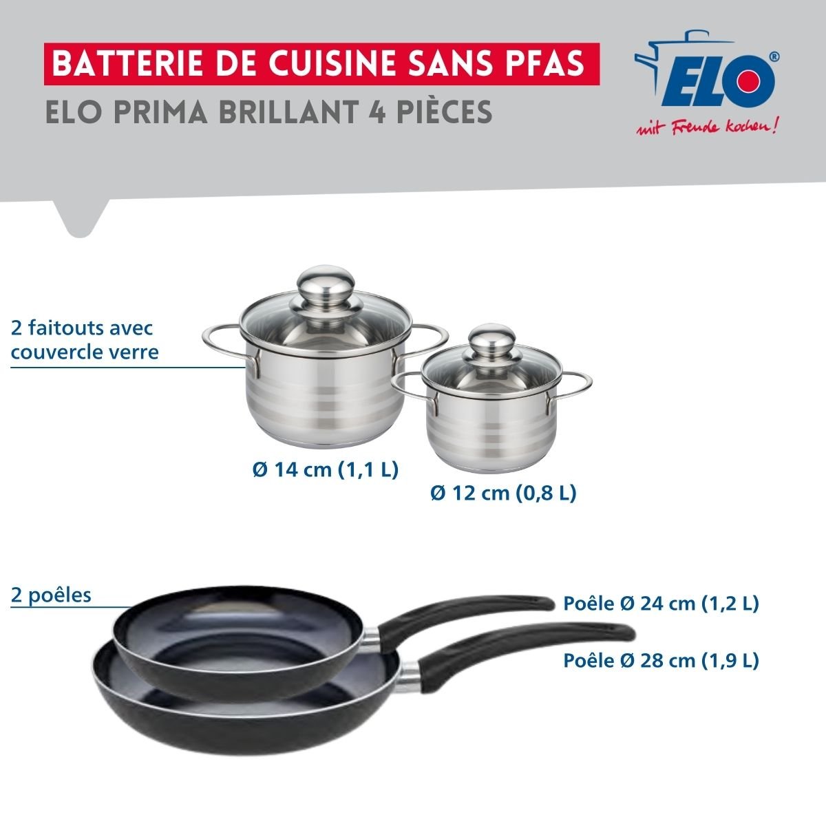 Batterie 2 poêles 24/28cm + 2 faitouts 12/14cm PRIMA BRILLANT noir, ELO