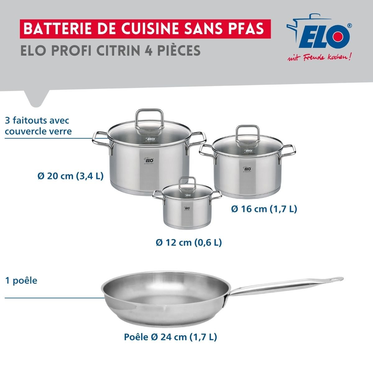 Batterie 1 poêle 24cm + 3 faitouts 12/16/20cm PROFI CITRIN gris, ELO