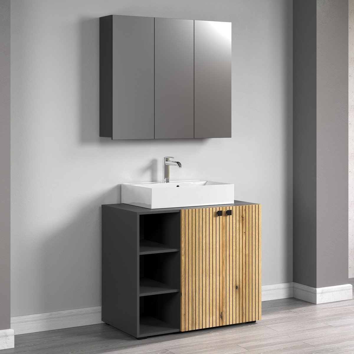 Armoire de toilette 3 portes miroir L90 cm - PUREBLISS gris anthracite, CALICOSY