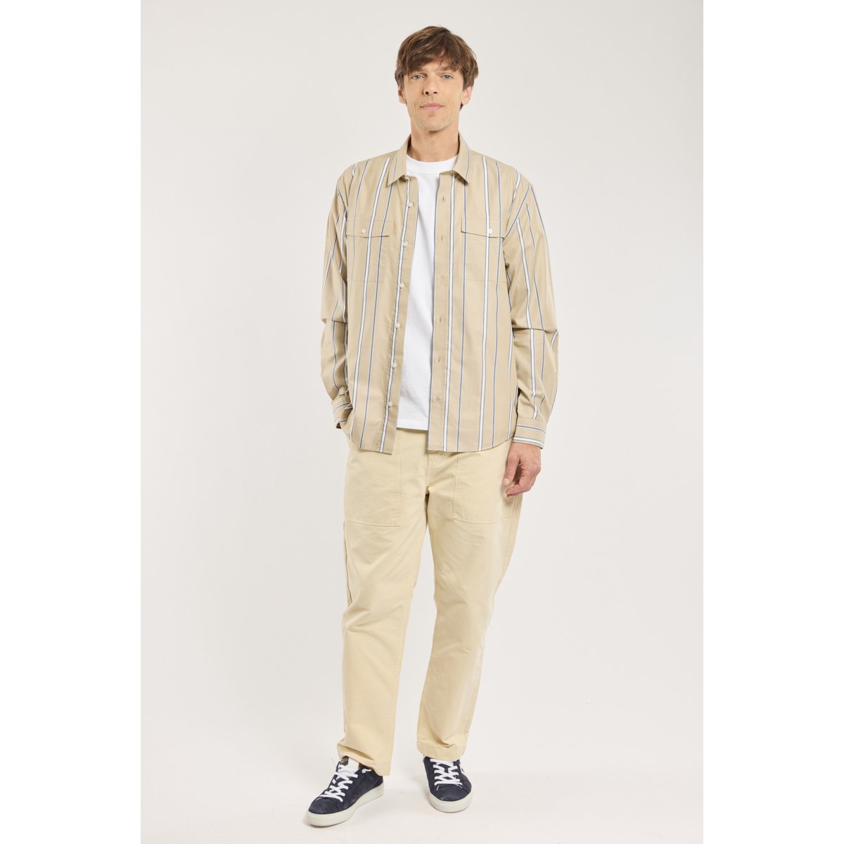 Chemise à carreaux en coton beige rayure bleu/blanc, GUY DE BERAC