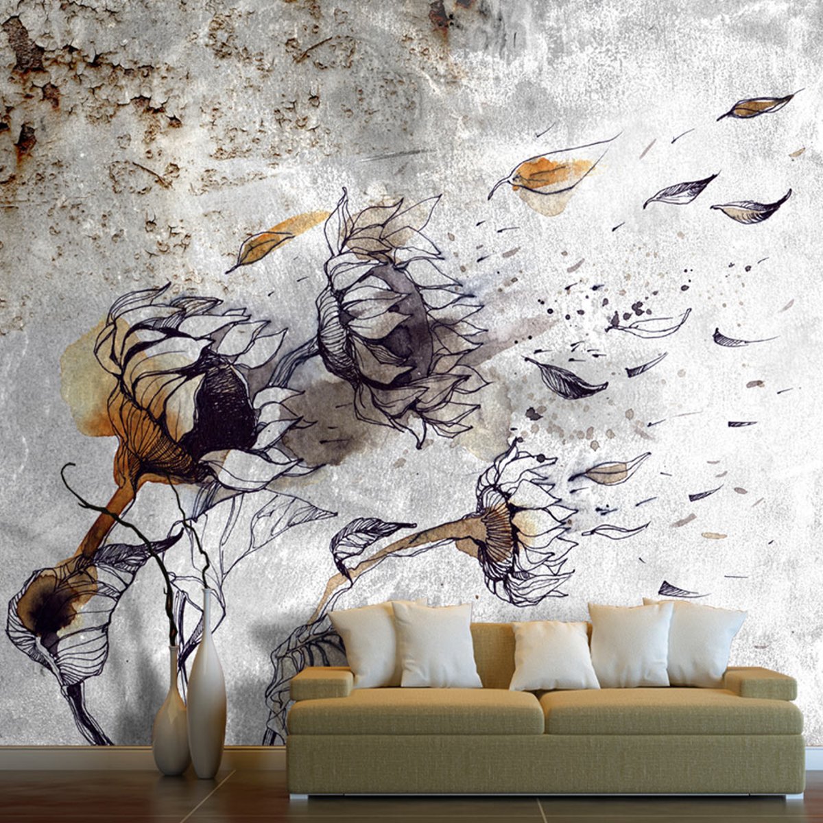 Papier peint intissé panoramique Fleurs Recall sunflowers beige, EDEN