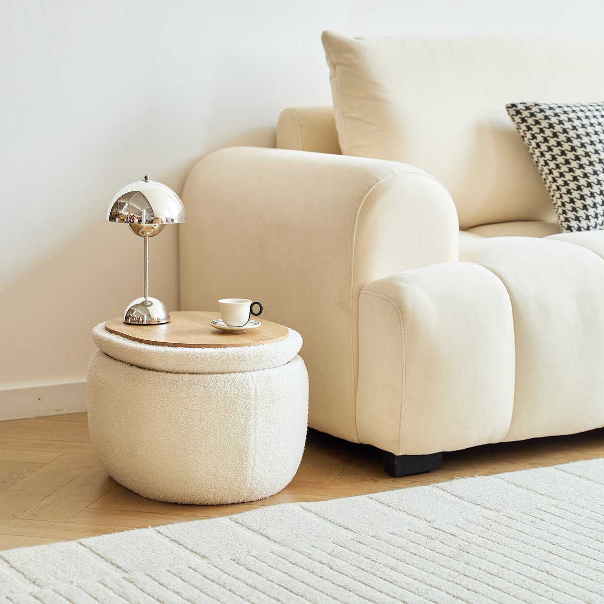 Pouf, table basse avec rangement, bouclette, VASA blanc cassé, NORDLYS