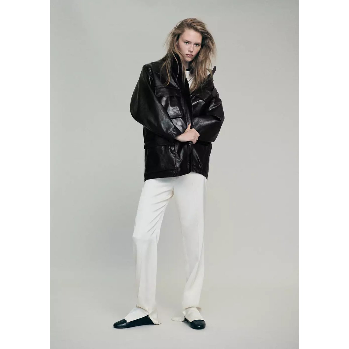 Parka cuir oversize avec poches noir, MANGO