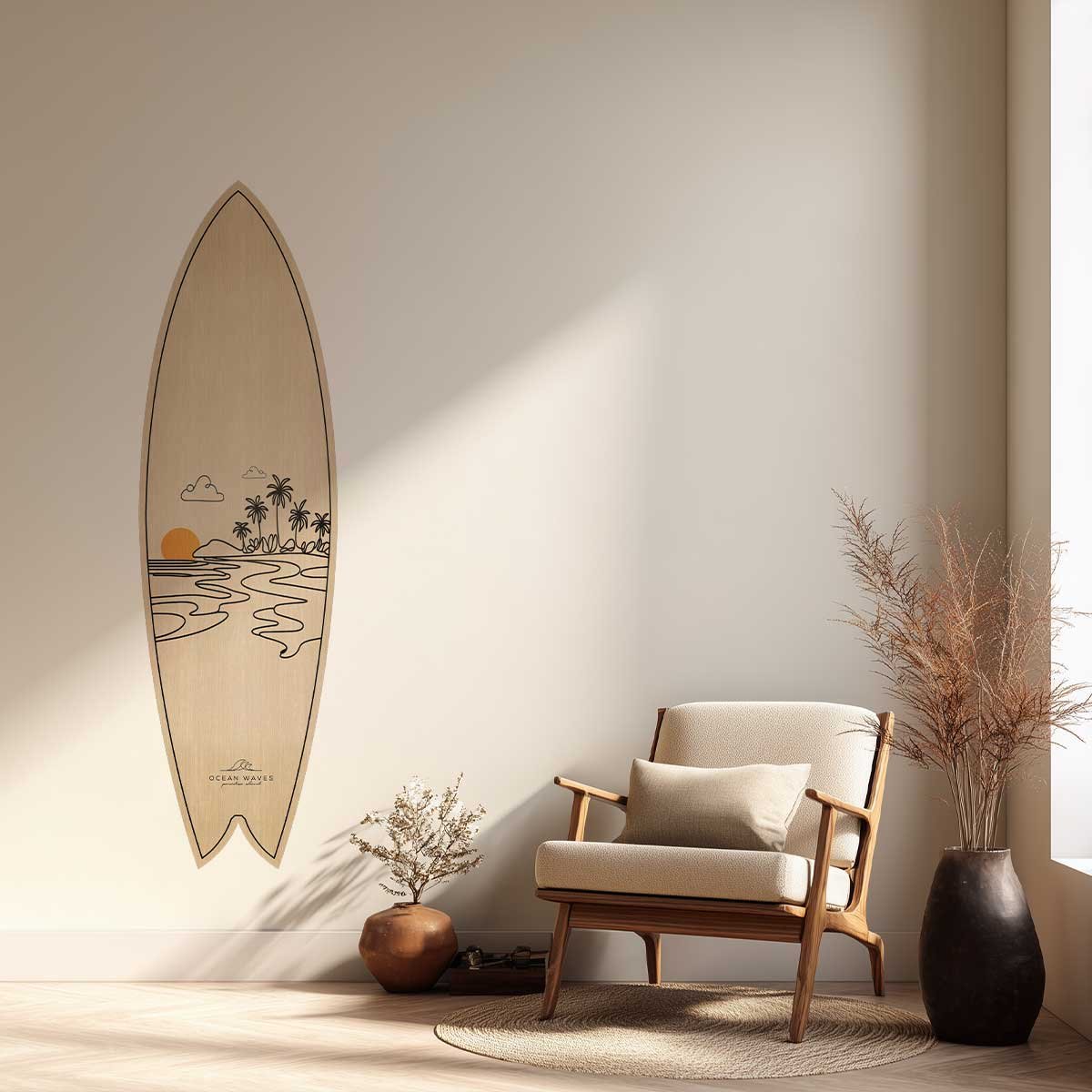 Planche de surf deco line art tropical tableau alu dibond, HEXOA