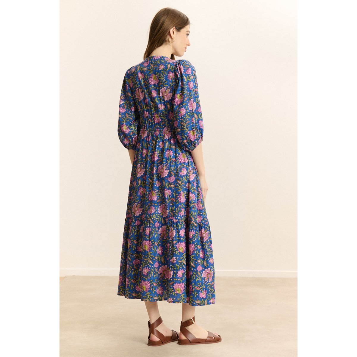 Robe midi manches 3/4 imprimée VANINA bleu, GARANCE PARIS 