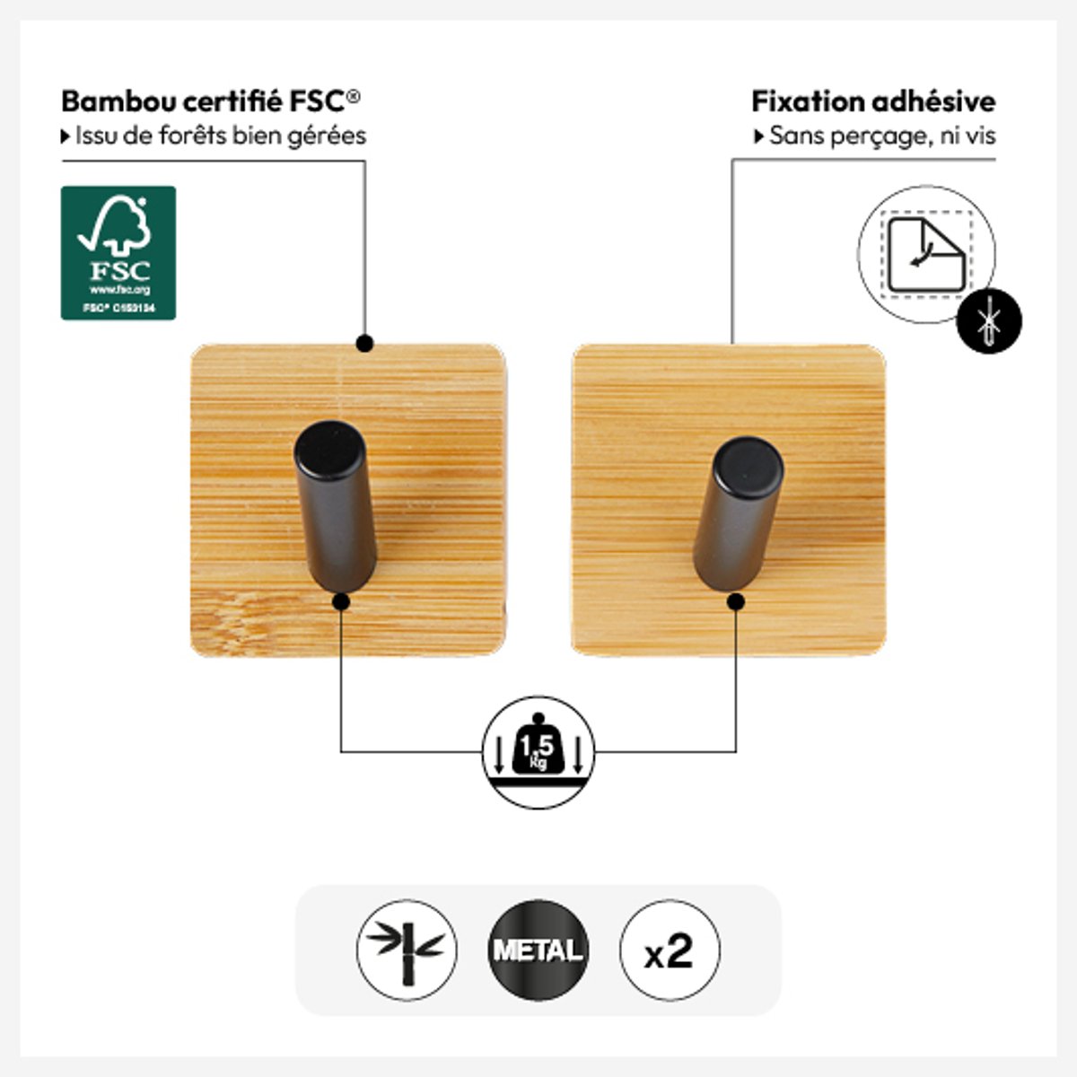 Lot de 2 patères adhésives STIKY beige, 5FIVE SIMPLY SMART