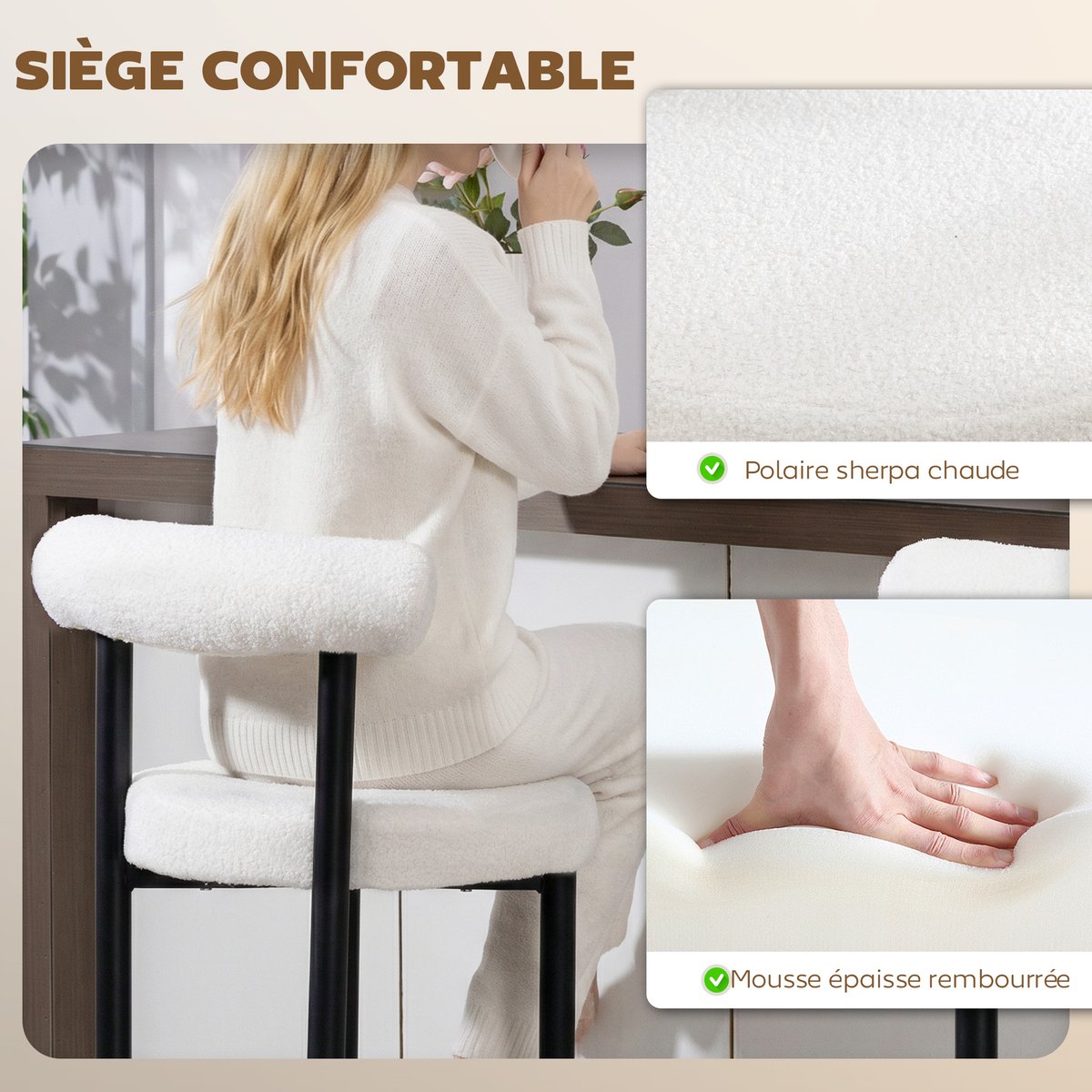 Tabouret de bar Tissu bouclette Blanc blanc, noir, HOMCOM
