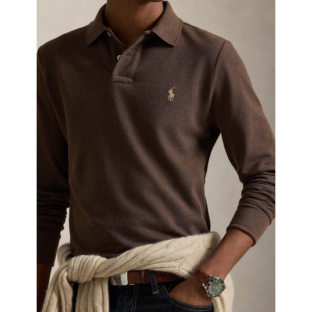 Polo en piqué coupe ajustée noisette, POLO RALPH LAUREN