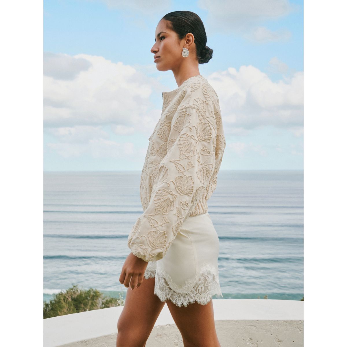 Veste zippée et brodée en coton écru, NEXT