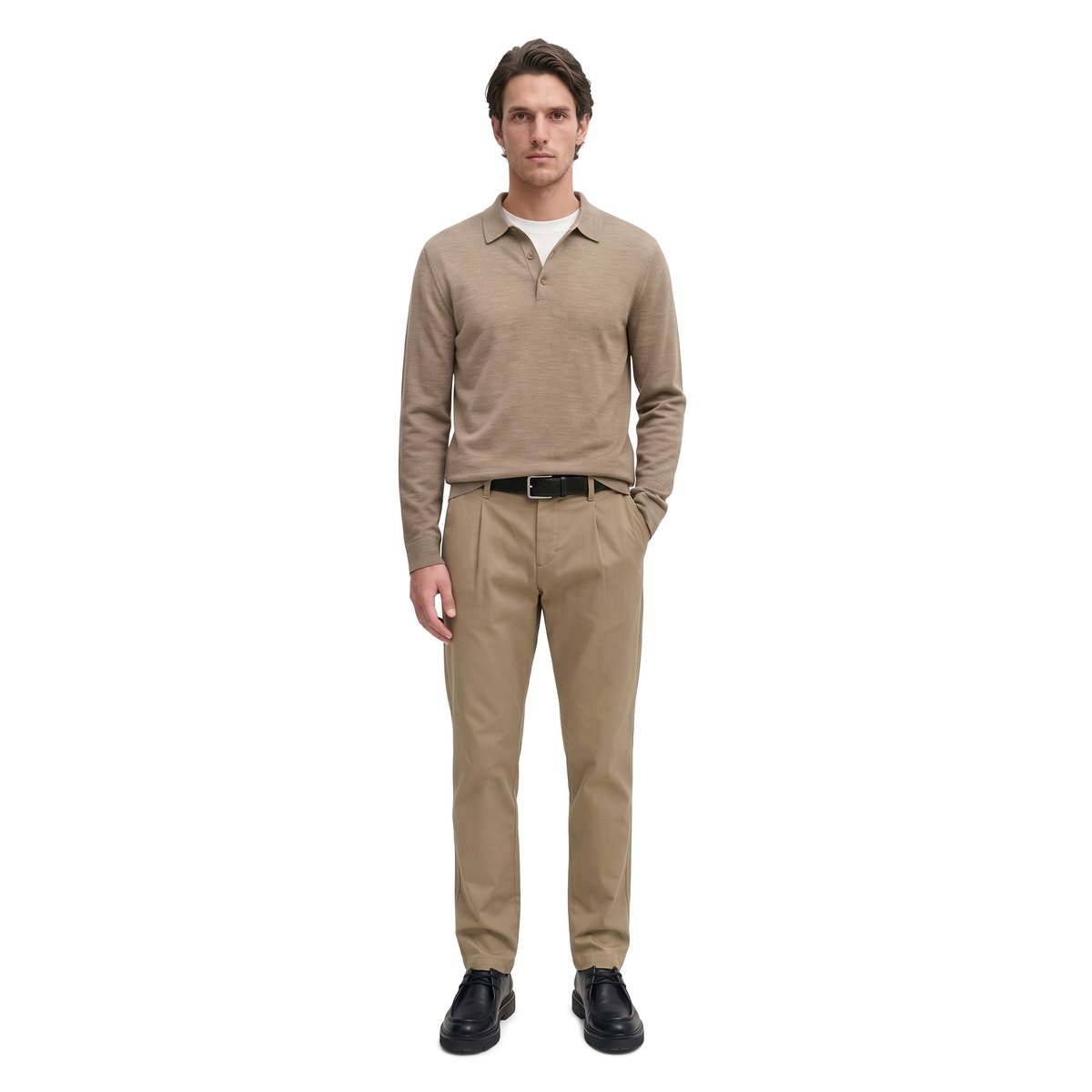 Polo en maille, coupe classique en laine vierge douce beige, MARC O'POLO