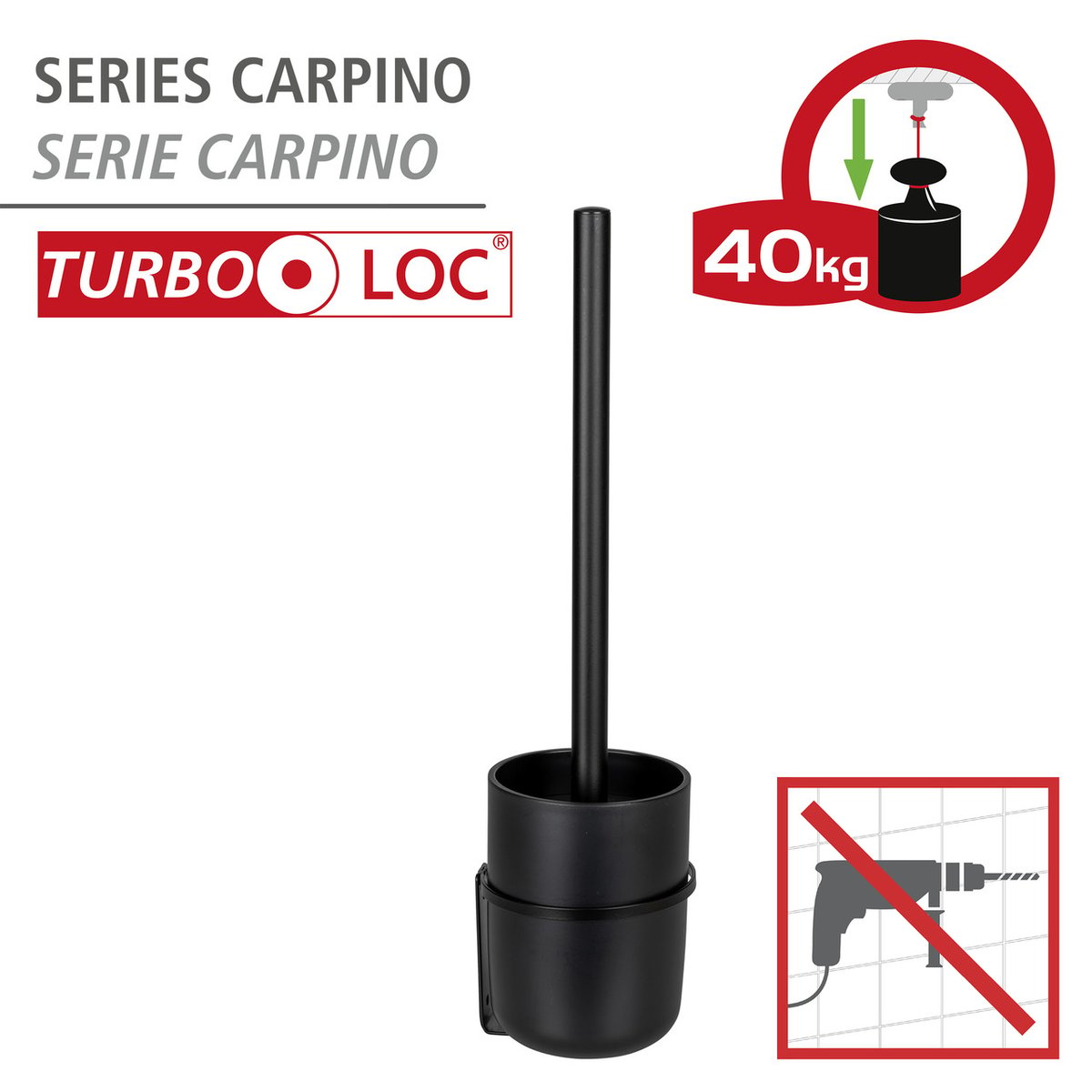 Brosse WC mural sans perçage CARPINO noir, WENKO