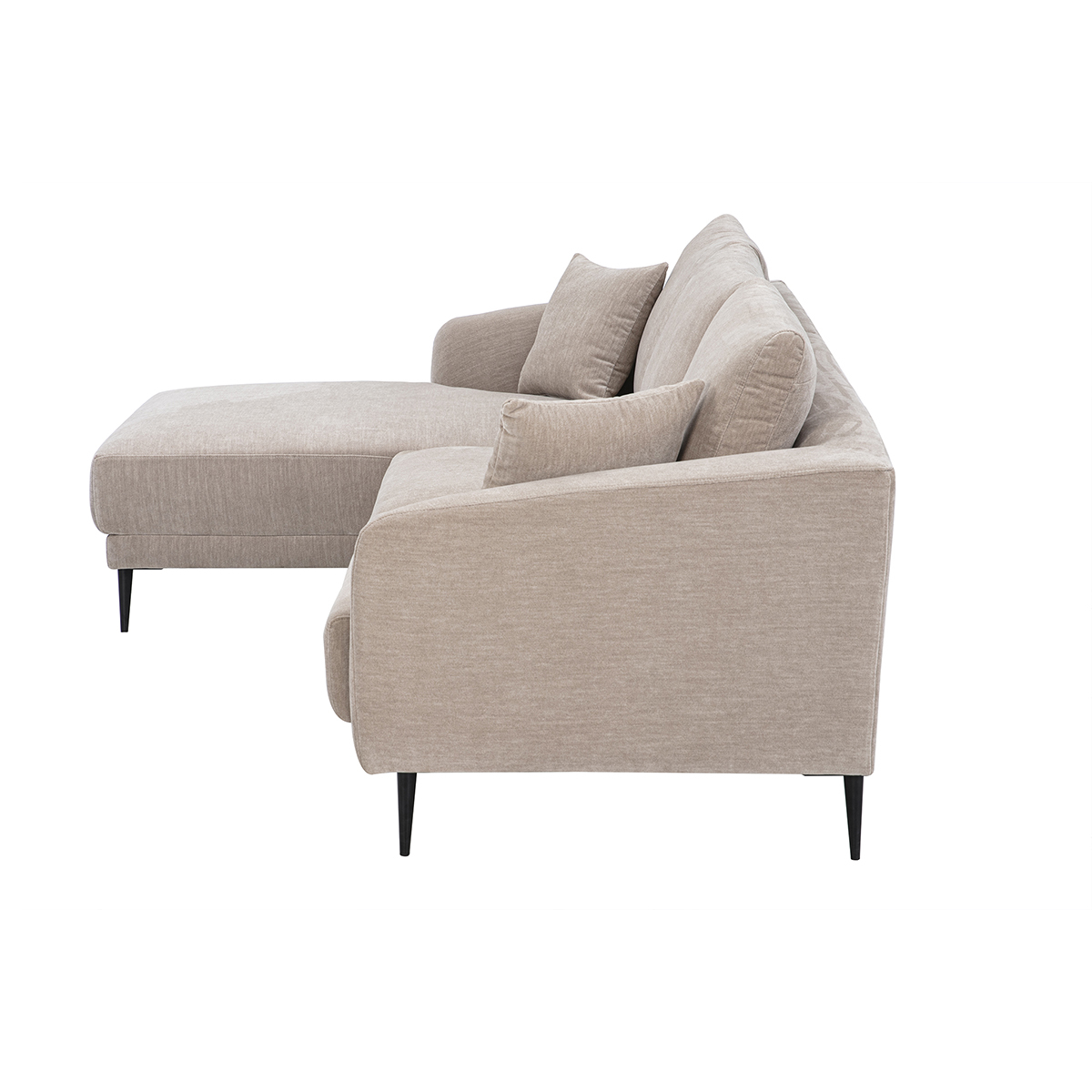 Canapé d'angle gauche 3 places en tissu effet velours vert kaki et métal noir JERRY taupe, MILIBOO