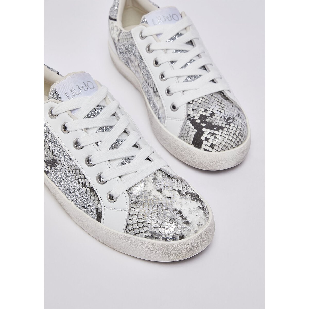 Sneakers paillettes effet python argent et blanc, LIU JO