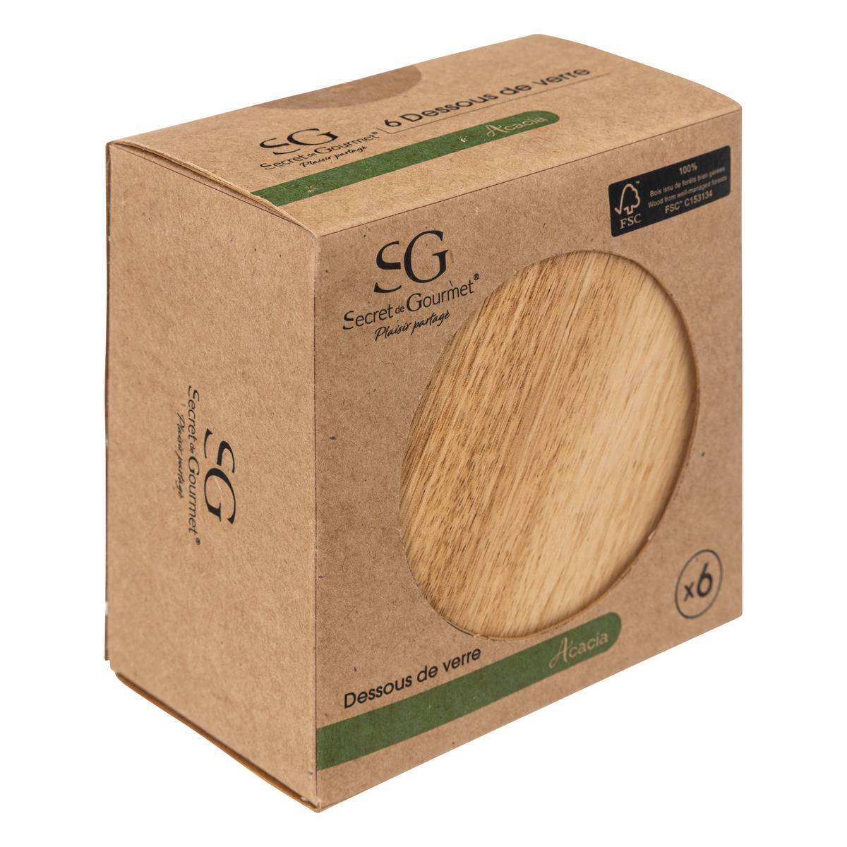 Lot de 6 dessous de verre en acacia MINA marron, SECRET DE GOURMET