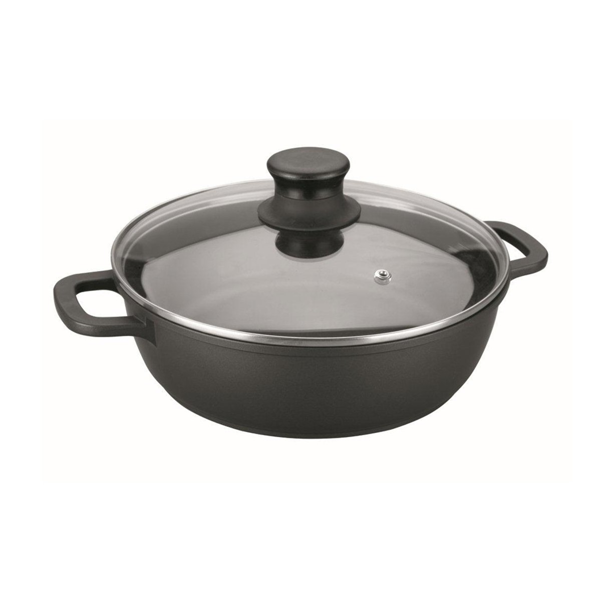 Faitout bas 24 cm en fonte d'aluminium  avec couvercle en verre noir, LACOR