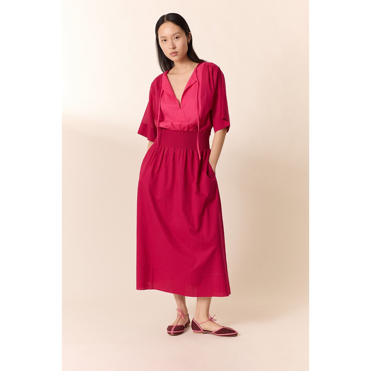Robe midi manches courtes col V, RONNIE rose fuchsia, LEON & HARPER