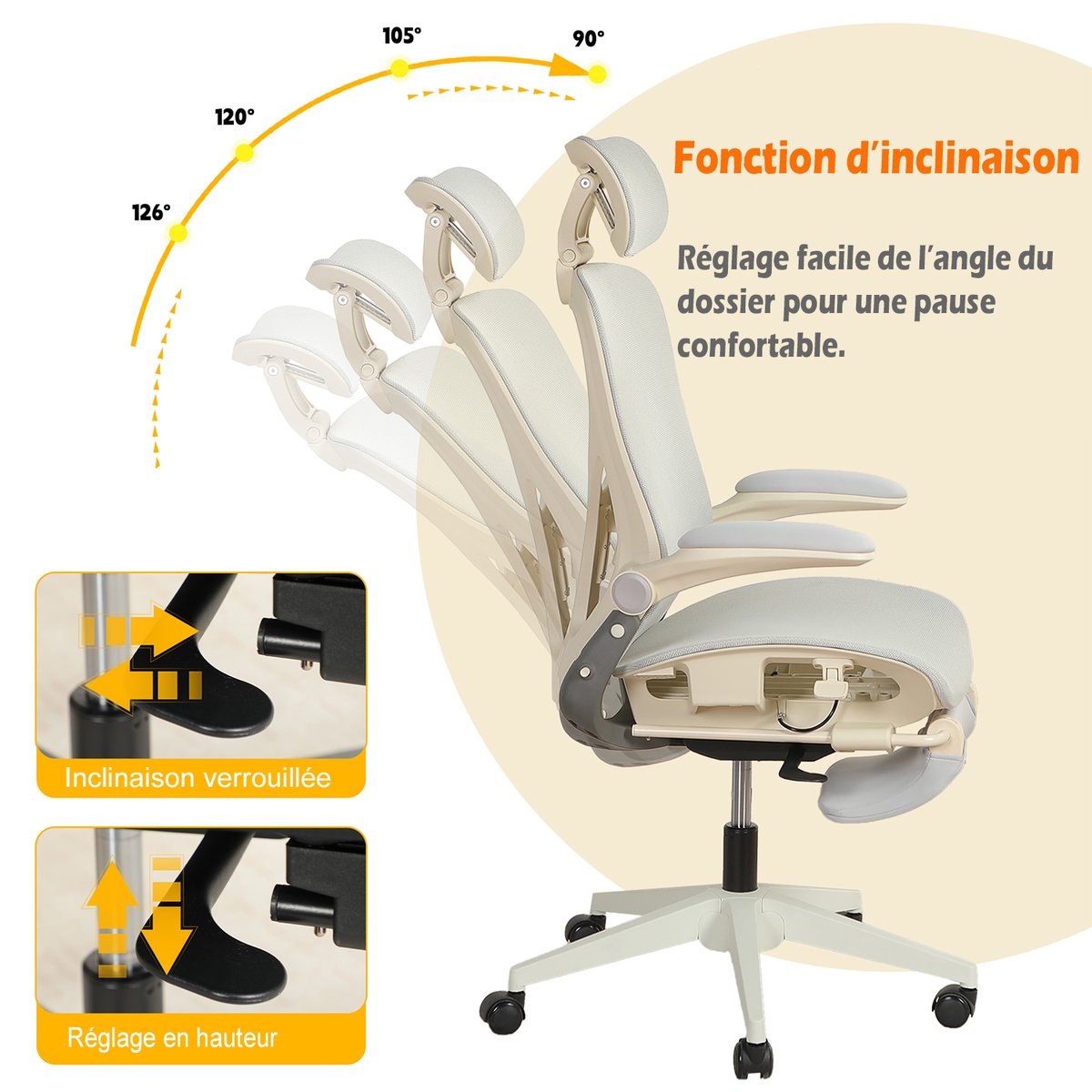 Chaise de bureau ergonomique en maille, VONGER MESH gris, MEUBLES COSY